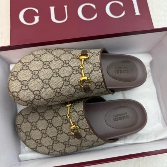 Gucci Shoes - Gucci Women's Beige Monogram Mules with Gold Detail